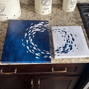 Abstract Blue and White Fish Canvas Art Set